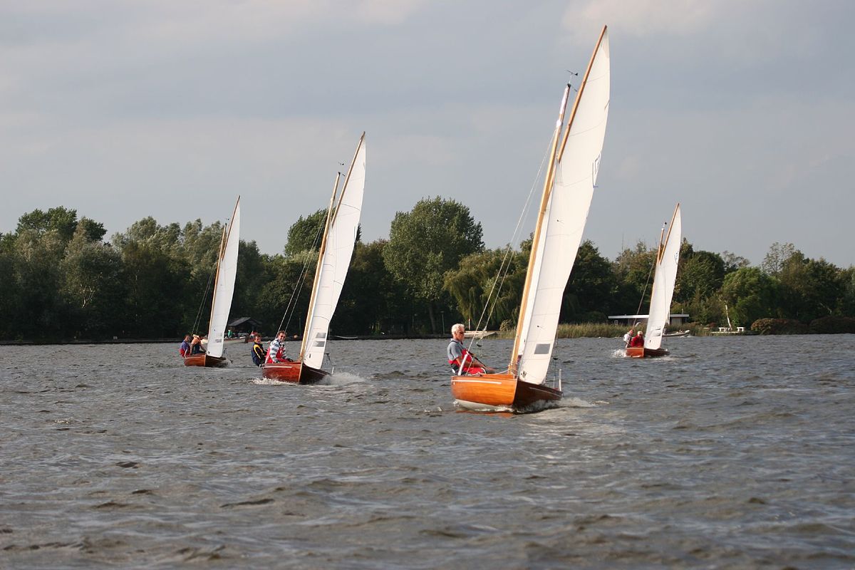 Five sailboats in "V" formation on lake in the netherlands
